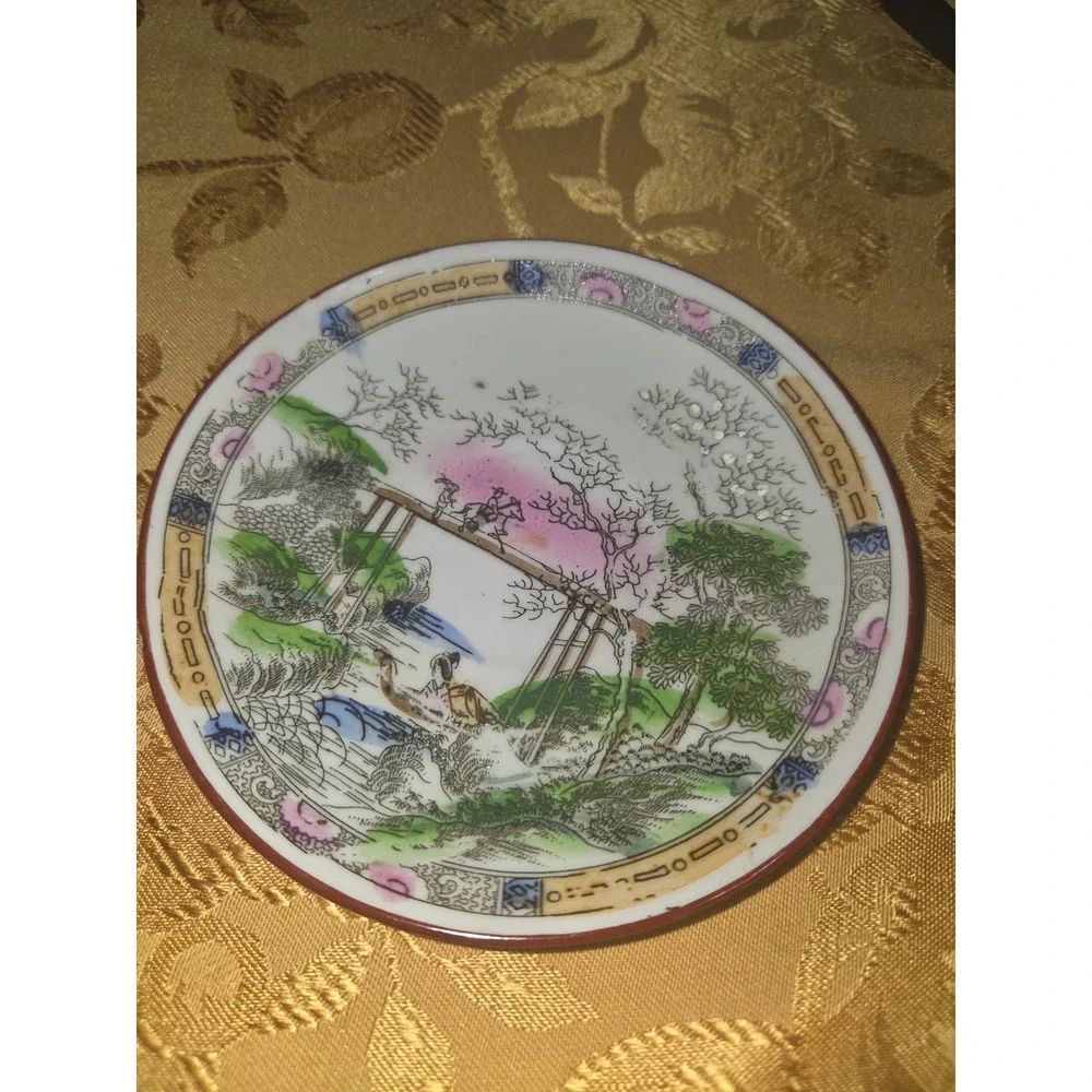 Vintage Made in Japan Porcelain Saucers Set of 2 Hand Painted Landscape Geisha